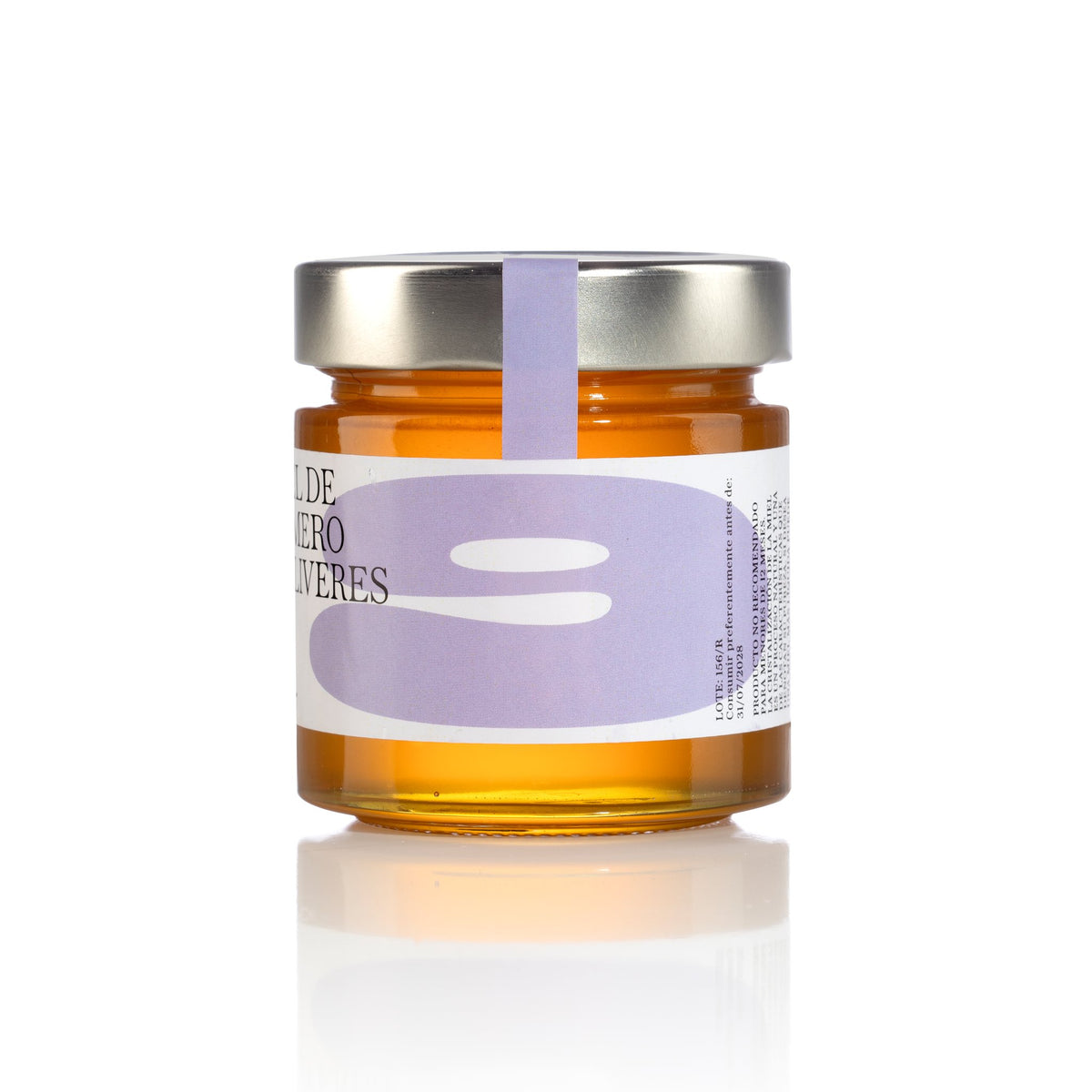 Glas Bio-Rosmarinhonig 9 Oliveres 250 g, Seitenansicht mit Los und Mindesthaltbarkeit