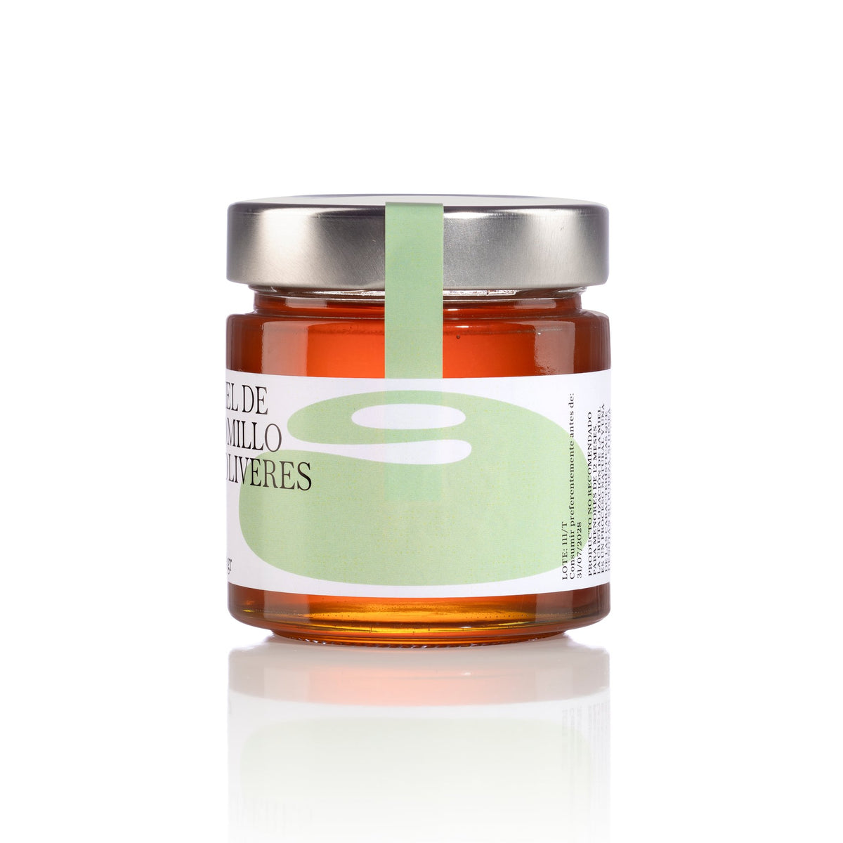 Tarro de miel ecológica de tomillo 9 Oliveres 250 g, vista lateral con lote y consumo preferente
