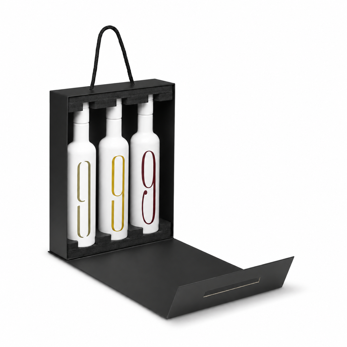 9 Oliveres Pack Deluxe — open black gift box with three bottles
